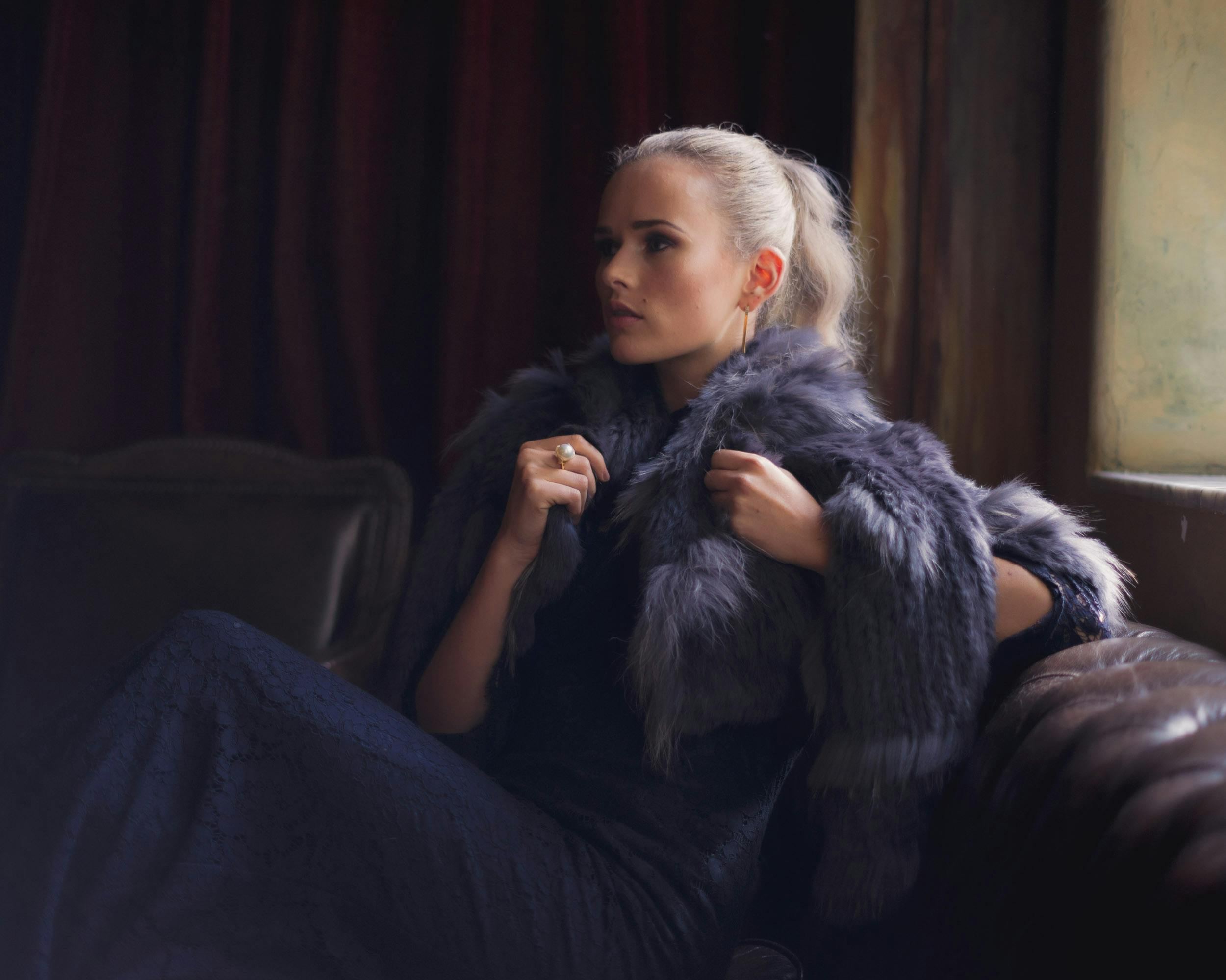 Cobalt blue Chantilly lace evening gown editorial